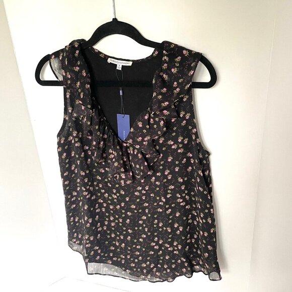 Rebecca Minkoff Floral Blouse Womens Small Black Sleeveless VNeck Ruffle Relaxed - Picture 4 of 9